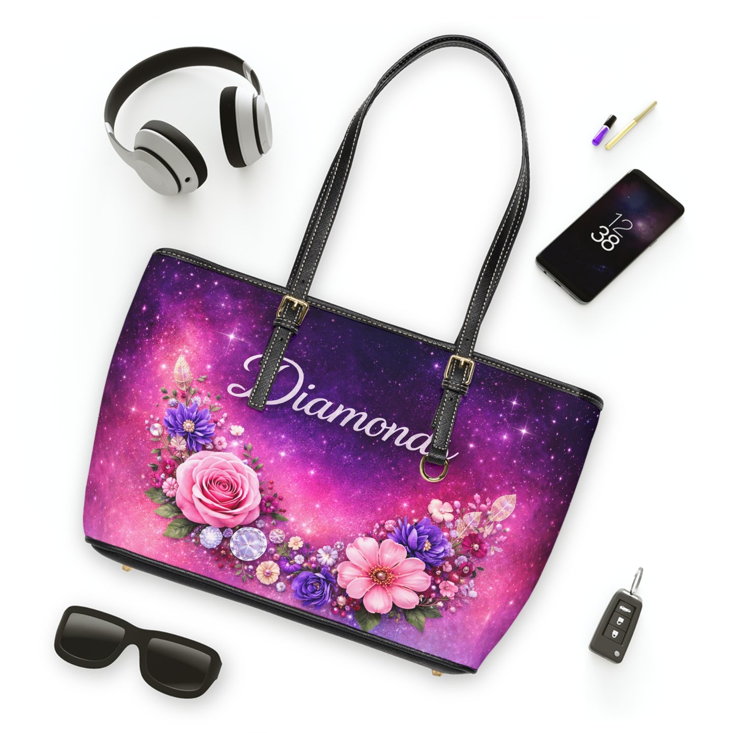 Floral Galaxy Shoulder Bag — "Diamond" PU Leather Tote