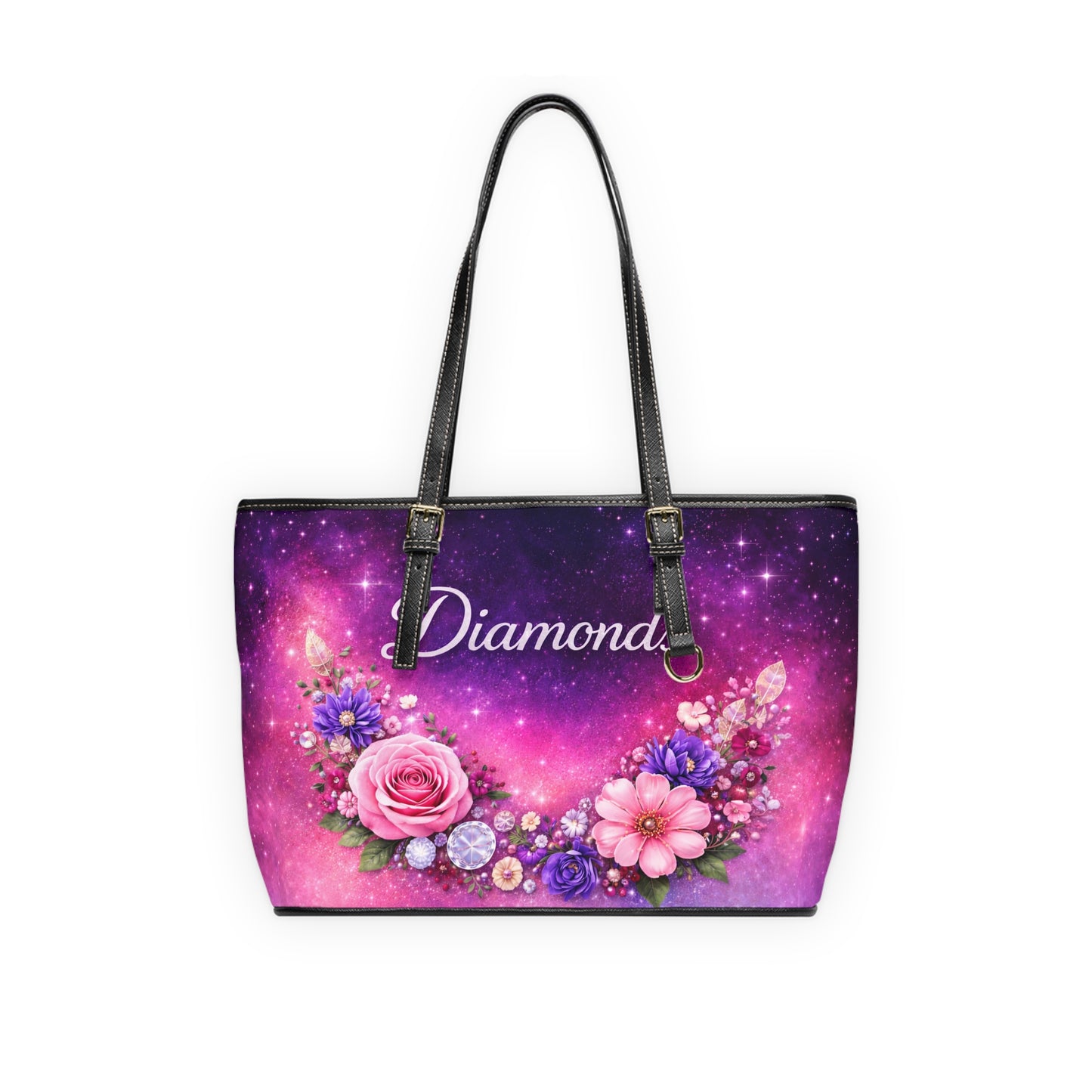 Floral Galaxy Shoulder Bag — "Diamond" PU Leather Tote